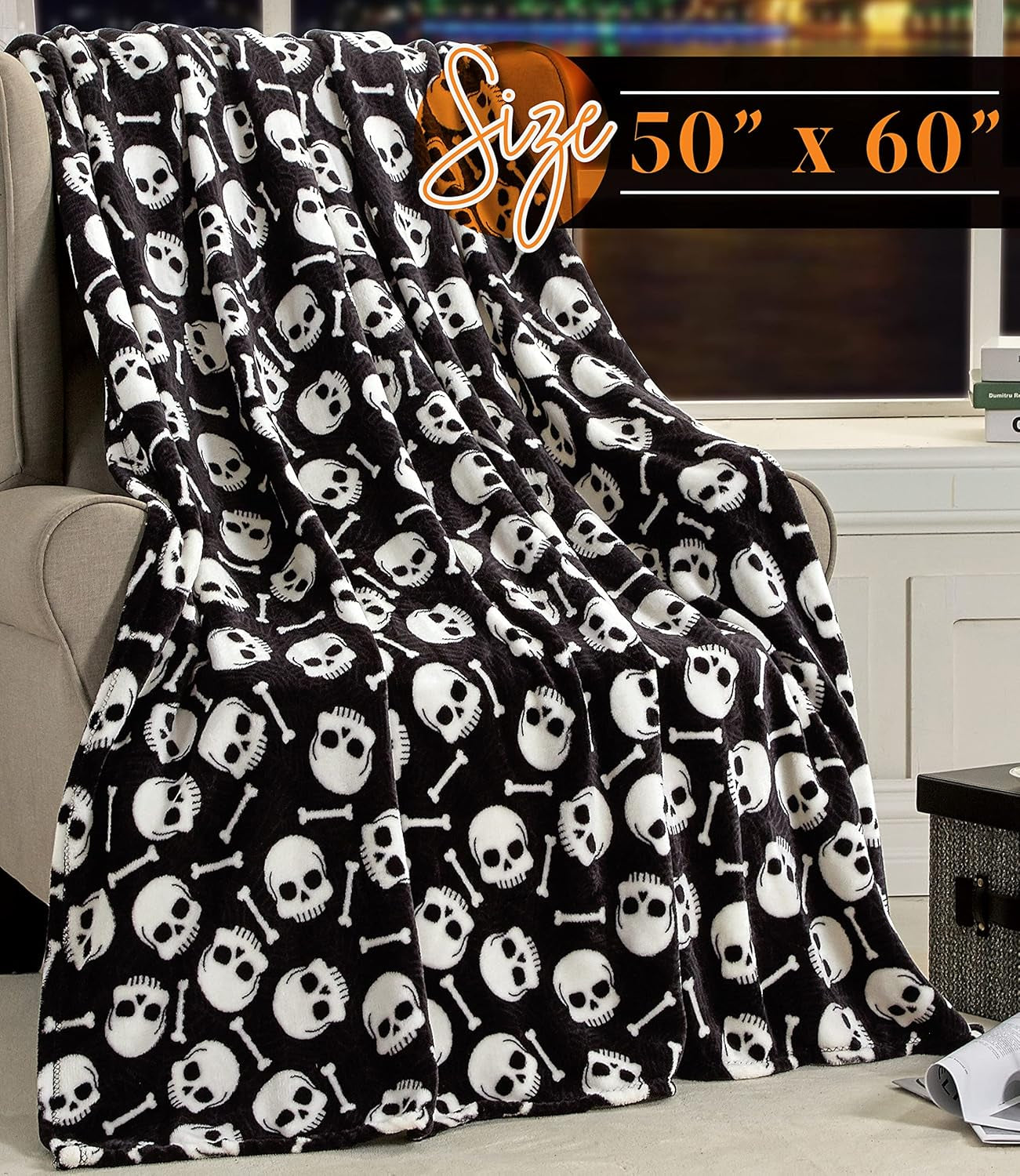 Elegant Comfort Letvægts Halloween-tematæppe, blødt, hyggeligt og plys, perfekt til afslapning i denne uhyggelige sæson, 127 X 152,4 cm, kranie og knogler Elegante komfortsenge og dyner