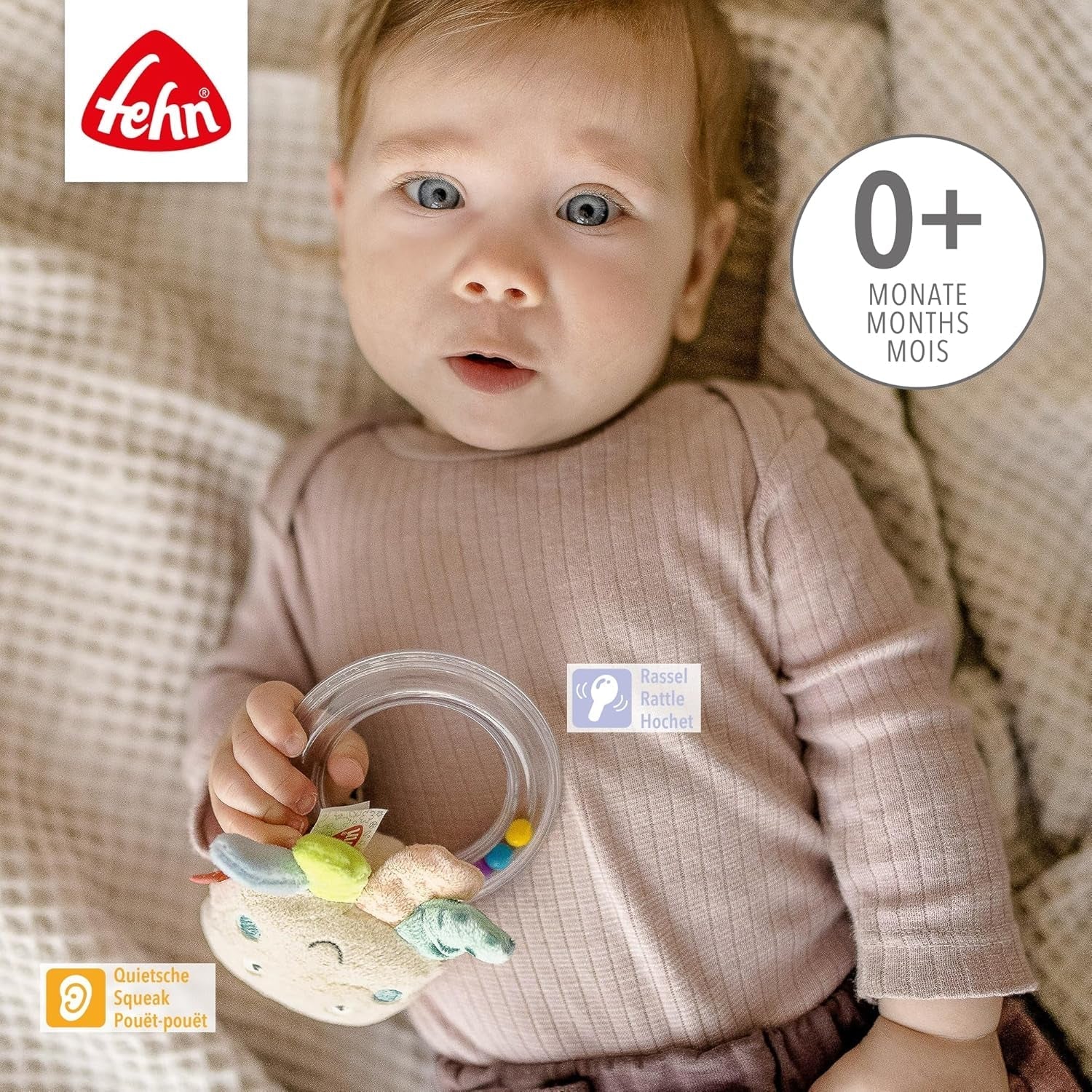 Fehn blækspruttelegetøjsringklokke - rasle, knirke, føle motorisk legetøj - plyslegetøj til babyer med blødt stof - legetøj til babyer og småbørn fra 0+ måneder Babylegetøj Naty Shop