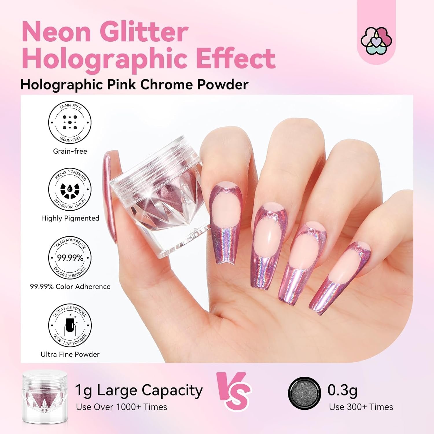 Saviland krom neglepulversæt - Pink Laser krom neglepulver spejleffekt Laser neglekunst, negleglimmer manicure dekorativt pulver med svampestænger, negleglitterpulver neglesalon