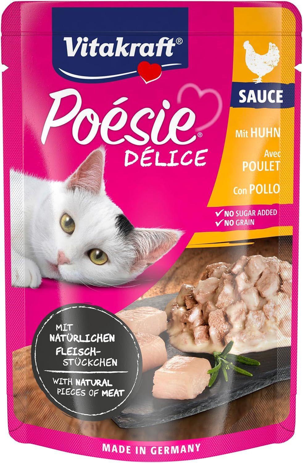 Vitakraft Poésie Délice, Nassfutter Katze, Katzennassfutter i sauce, med kylling, Vorratspackung, ohne Zusatz von Zucker und Getreide (23x 85g)