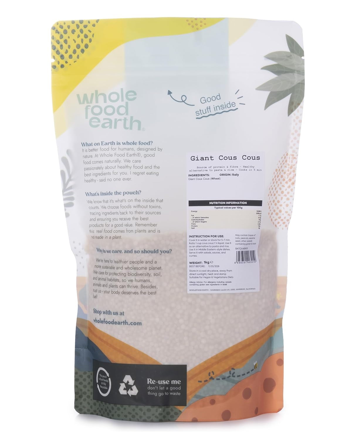 Wholefood Jord kæmpe couscous 1kg | Ikke-GMO | Naturlig | Kilde til fiber