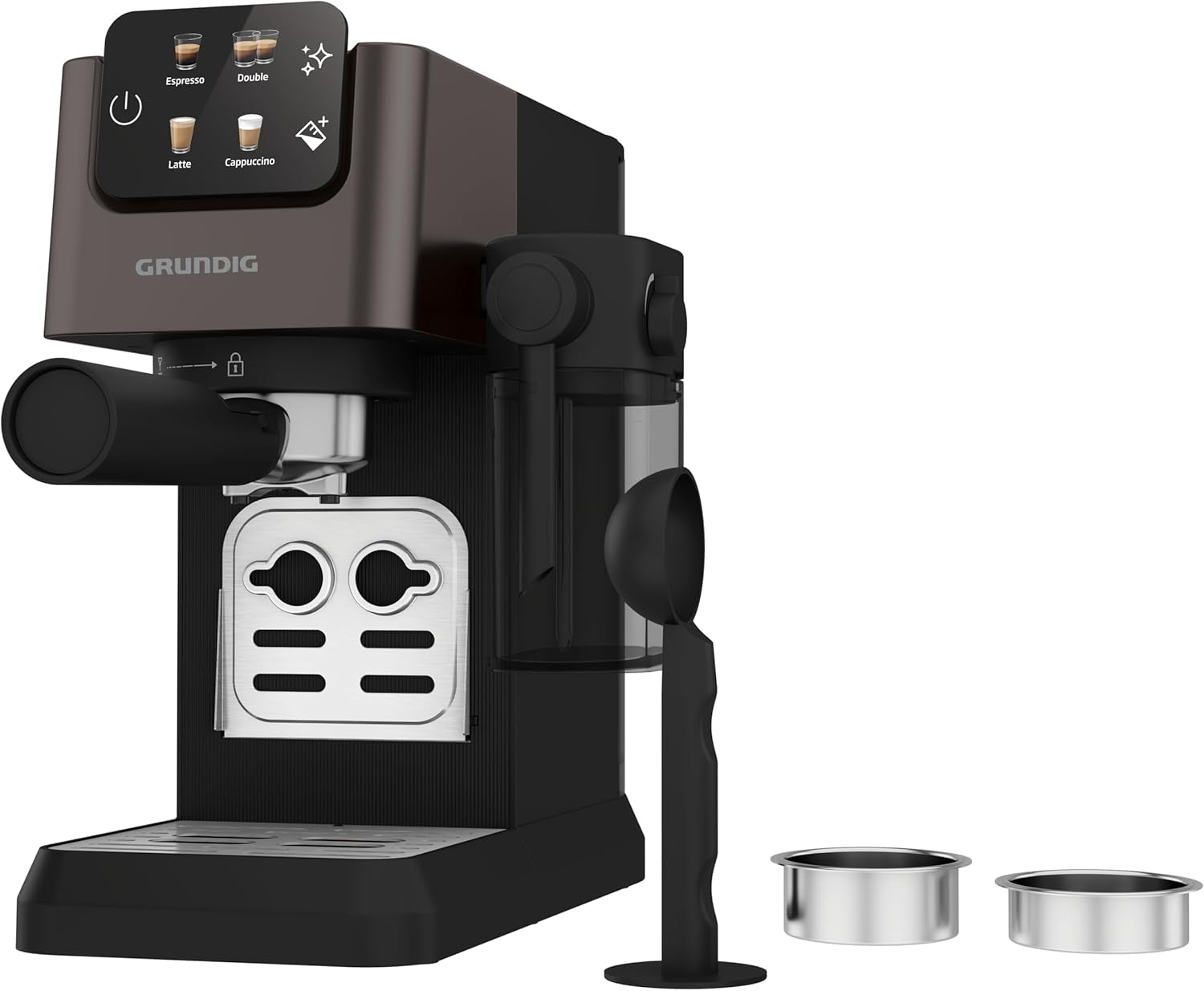 Portafilter espressomaskine GRUNDIG KSM 5330 med integreret mælkebeholder, effekt 1628 W, pumpetryk 15 bar, dobbelt mundstykke, farvetouchdisplay, BrewSense, CreamyPro, Mørk rustfrit stål/Sort