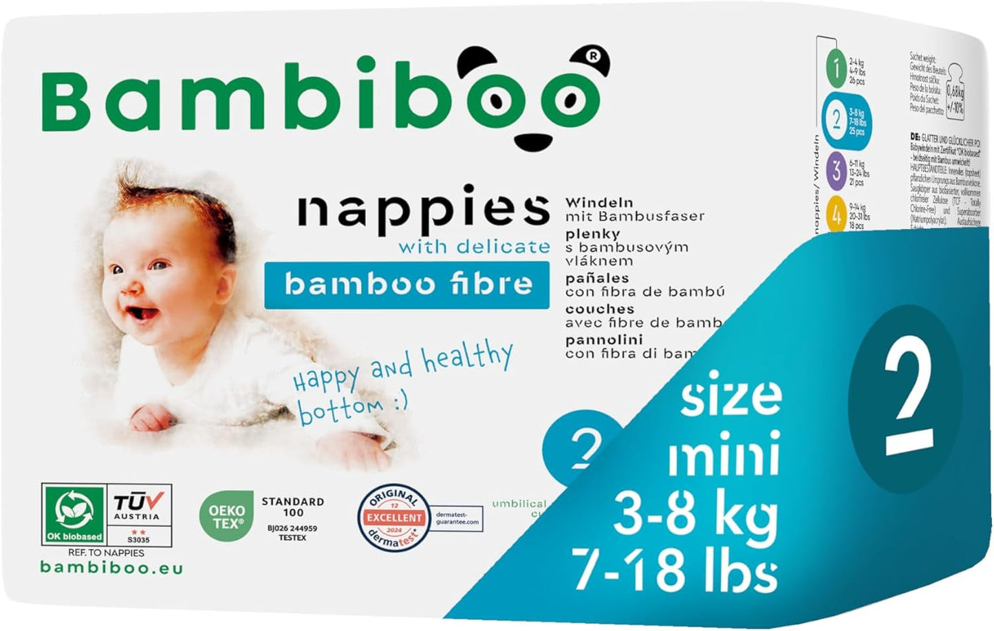 Bambiboo Mini-engangsbleer Hudvenlig med blød navleåbning af bambusfiber - Bleer til nyfødte - Engangsbleer til nyfødte - Hudbeskyttelse - Størrelse 2, 25 stk.