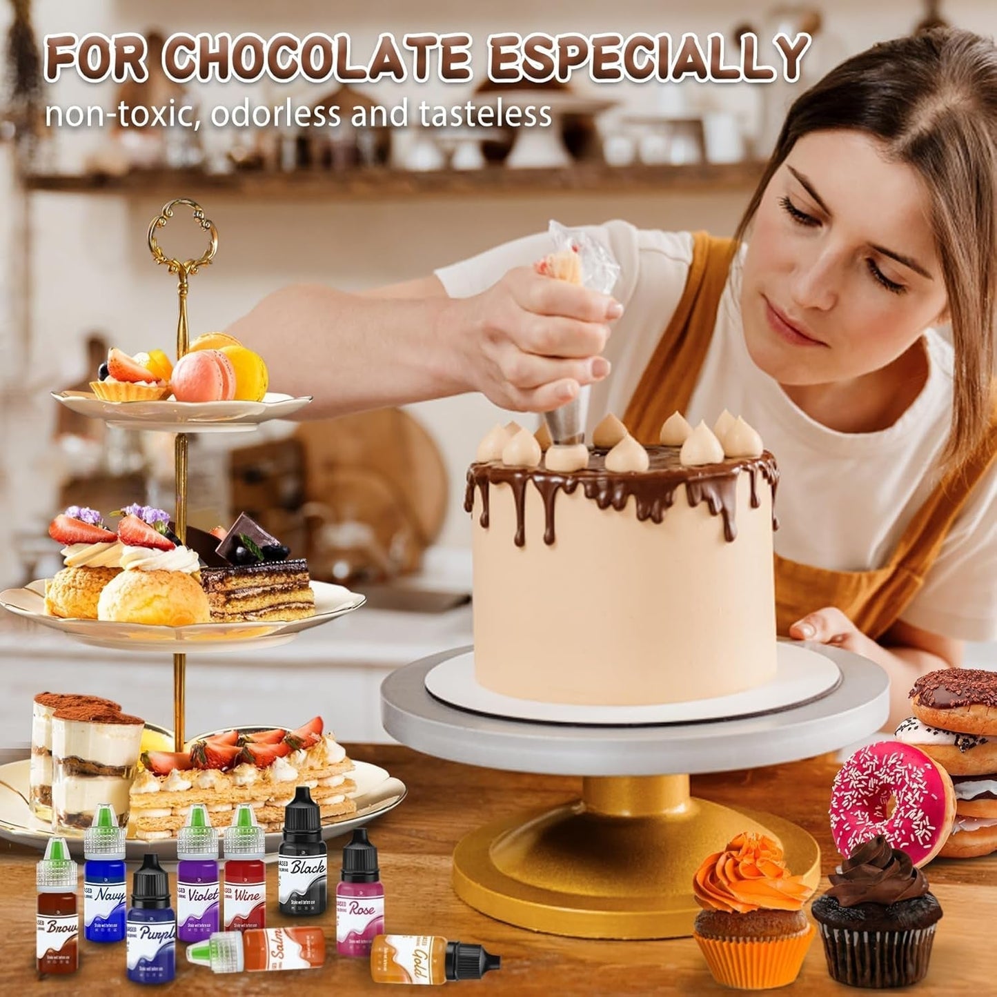 Fedtopløselig chokolade madfarve - 12 farver oliebaseret madfarve til fondant, kagepynt, bagning - flydende madfarve til kakaosmør, smørcreme, kager - 10 ml hver