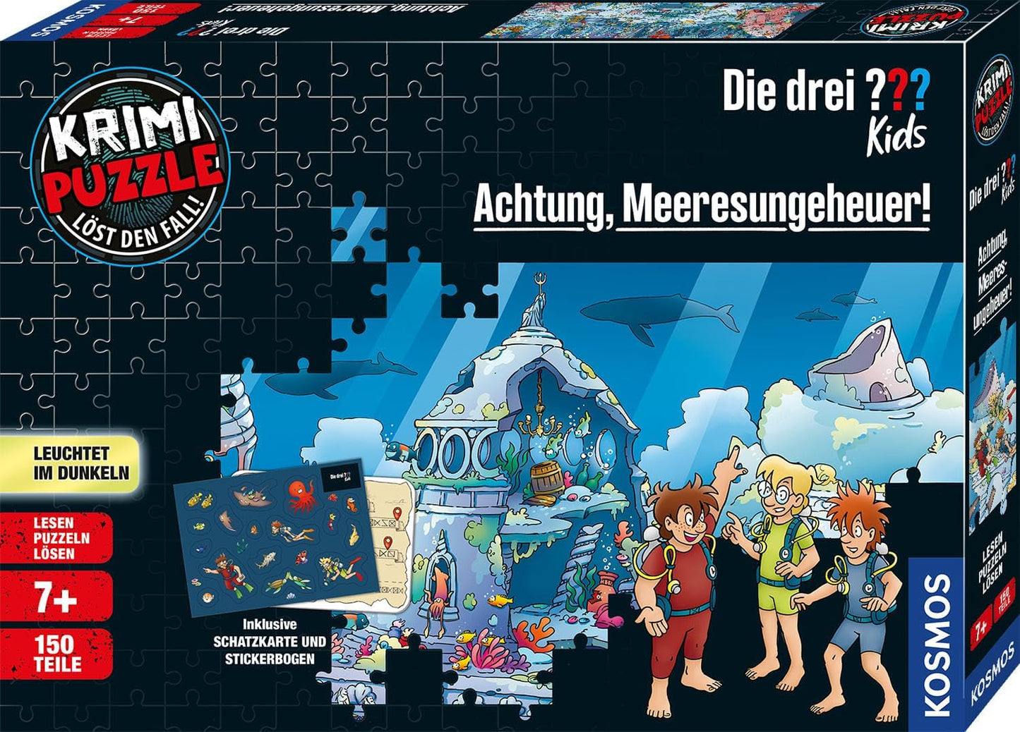 Die Drei ??? Børn - Kriminalpuslespil - Pas på havmonster Fra KOSMOS 680664, 150 stykker, Glow in the dark, Læsning, puslespil, puslespilsløsning, detektivpuslespil for børn fra 7 år Puslespil Naty Shop Standardtitel