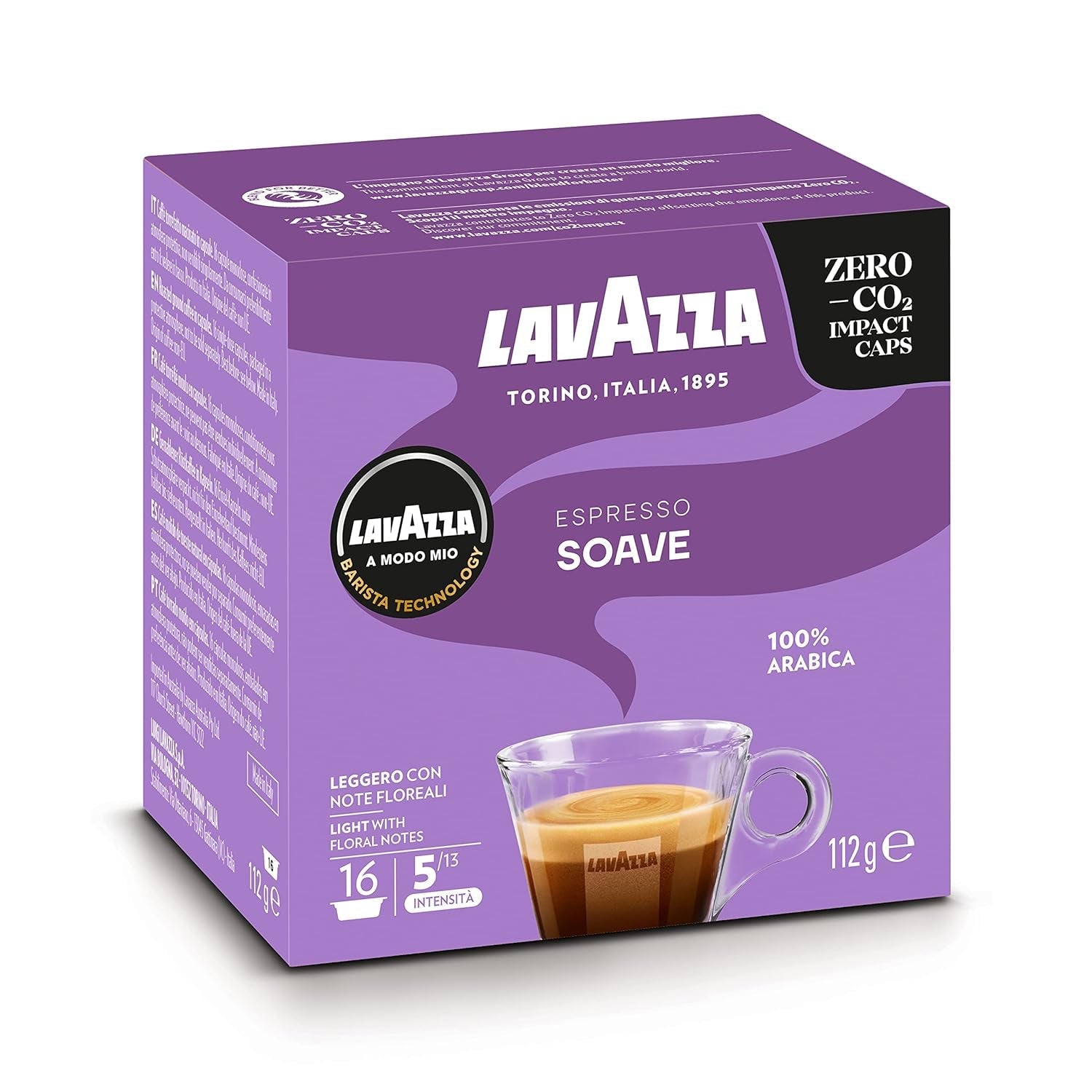 Lavazza, A Modo Mio Soave 256 Kaffeekapseln, für ene leichten og eleganten Espresso mit aromaticschen Noten von Blumen, 100% Arabica, Intensität 5/13, medium Röstung, 16 Packungen mit je 16