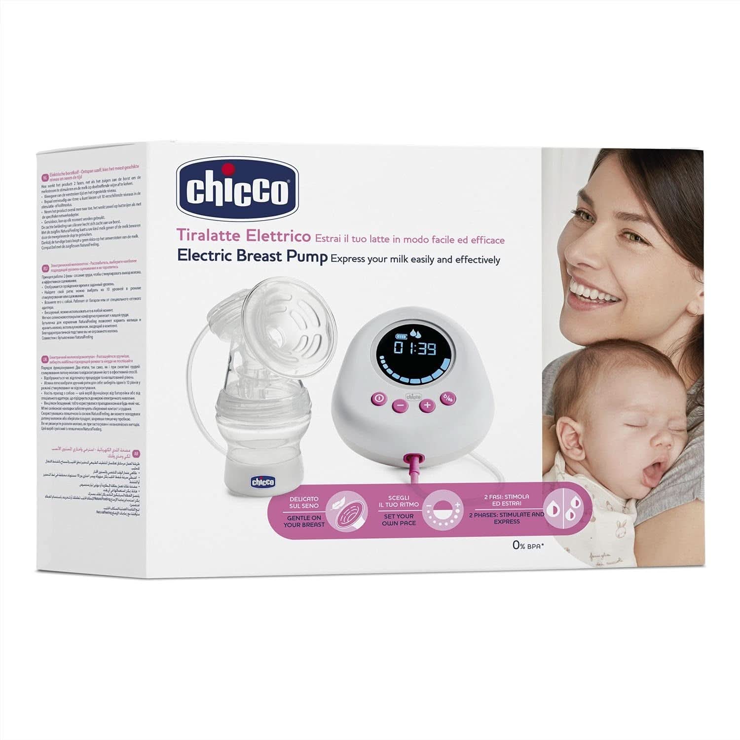 Chicco elektrisk brystpumpe med stimulerings- og ekstraktionsfaser, 10 intensitetsniveauer, behagelig og hurtig, ergonomisk form, med skrå patte og stram hætte, hvid, 150 ml Tilbehør Mad og amning Bebe Naty Shop