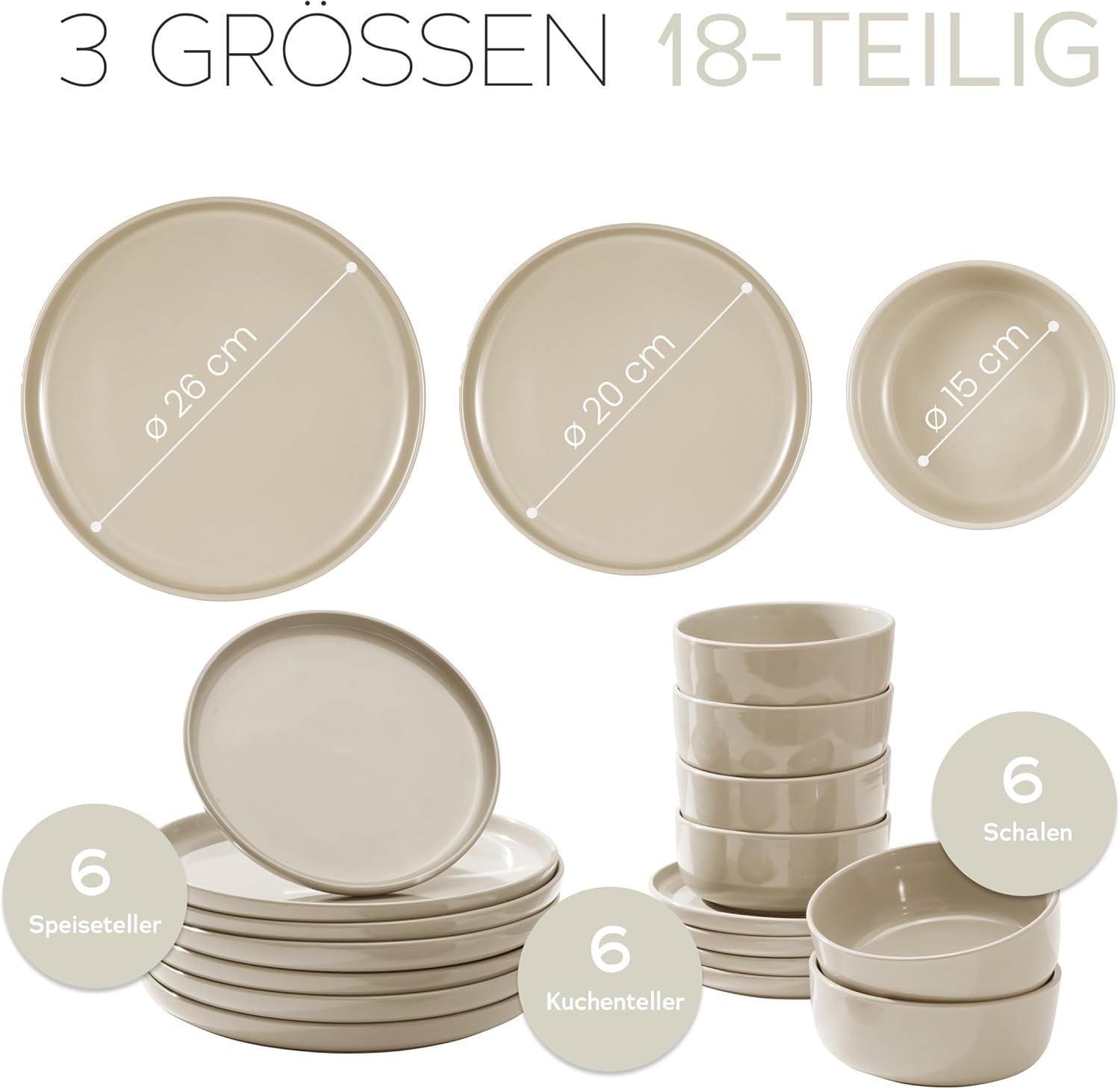 Porcelænsstel til 6, 18 stykker - stærkere og ridsefast end fajancetallerkener og -skåle, blank beige | Servicesættet indeholder 6 middagstallerkener, 6 desserttallerkener og 6 skåle -