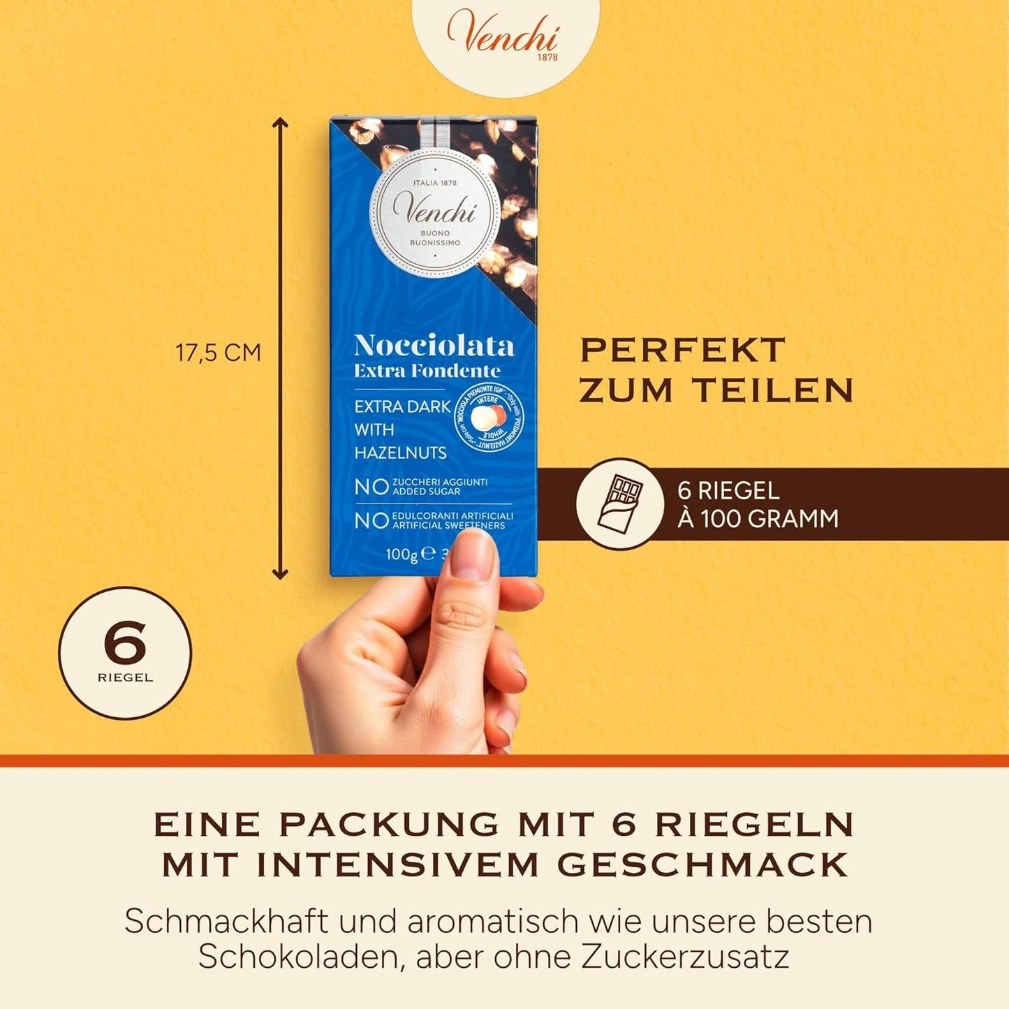 Venchi - Pakke med 6 mørke chokoladebarer med hasselnødder, 600g - Ingen tilsat sukker - Ingen kunstige sødestoffer - Glutenfri - Vegansk - Gaveidé
