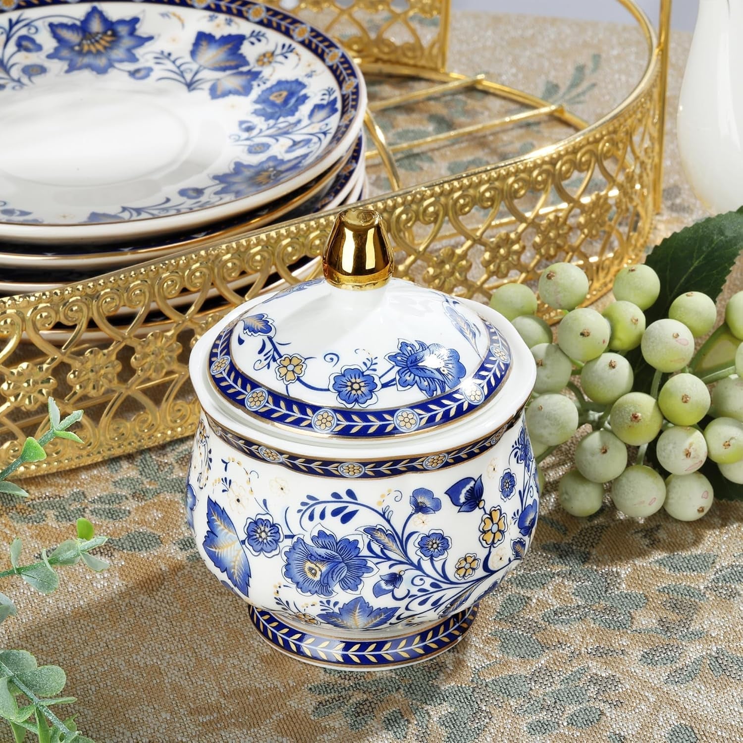 Fanquare Blue Flower Porcelæn Tesæt med Metal Stand Vintage Porcelæn Kaffekop og Underskål Engelsk Kaffesæt til voksne