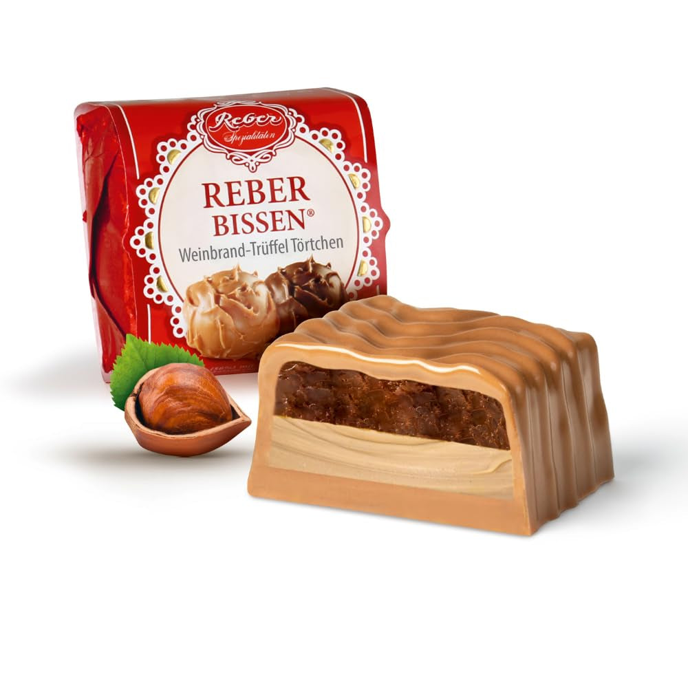 Reber Bites chokolade- og trøffeltærte, brandytrøfler på cremet nougat, dækket af delikat alpemælkchokolade, 40 g (1 stk.)
