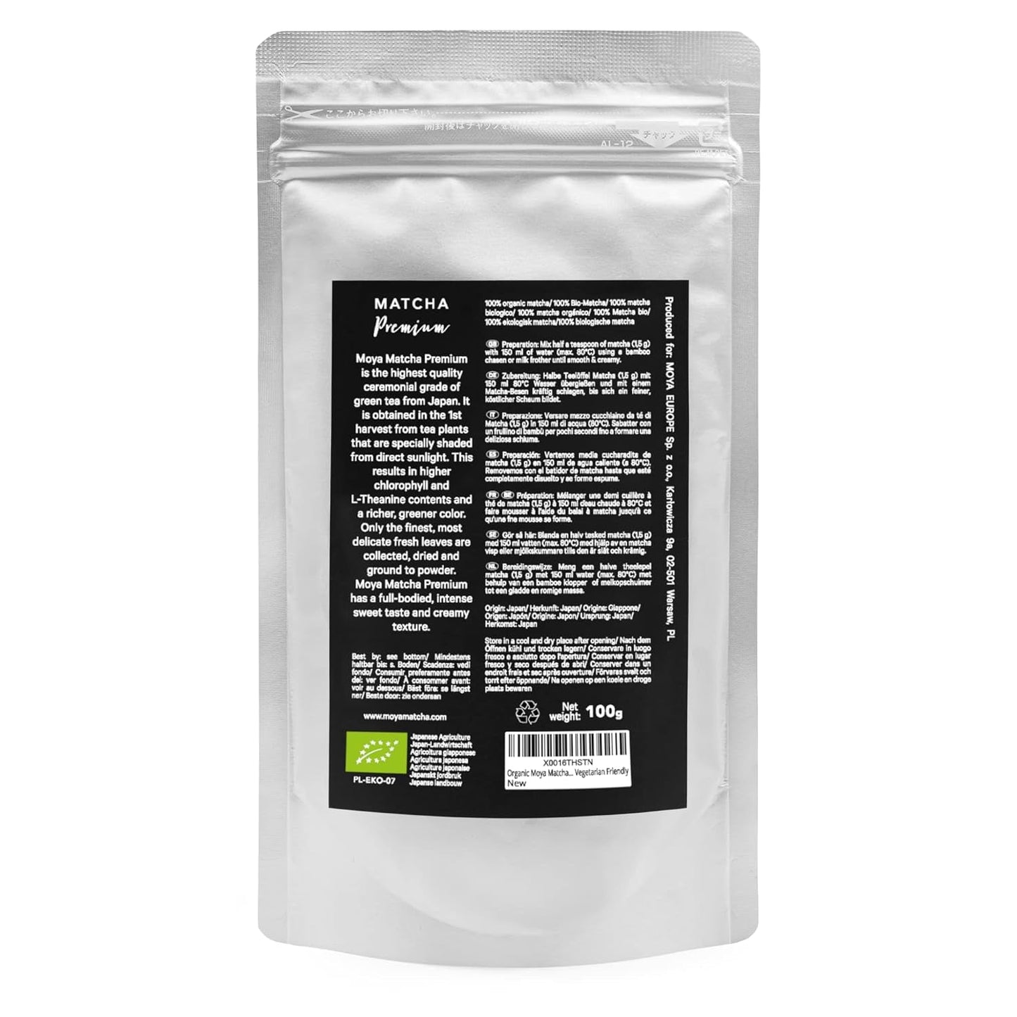 Økologisk grøn te Moya Matcha pulver | 100 g premium kvalitet til ceremoni | Økologisk dyrket og høstet i Uji, Japan | Matcha grøn te pulver | Ideel til den japanske vandte-ceremoni
