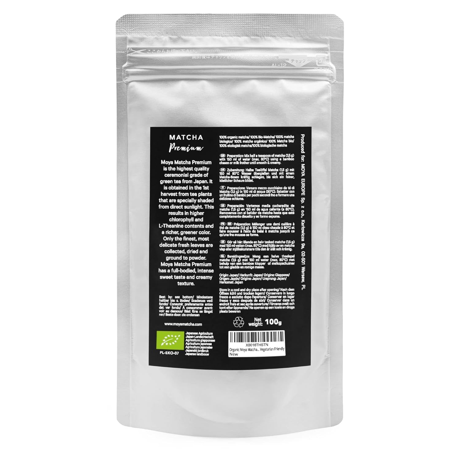 Økologisk grøn te Moya Matcha pulver | 100 g premium kvalitet til ceremoni | Økologisk dyrket og høstet i Uji, Japan | Matcha grøn te pulver | Ideel til den japanske vandte-ceremoni