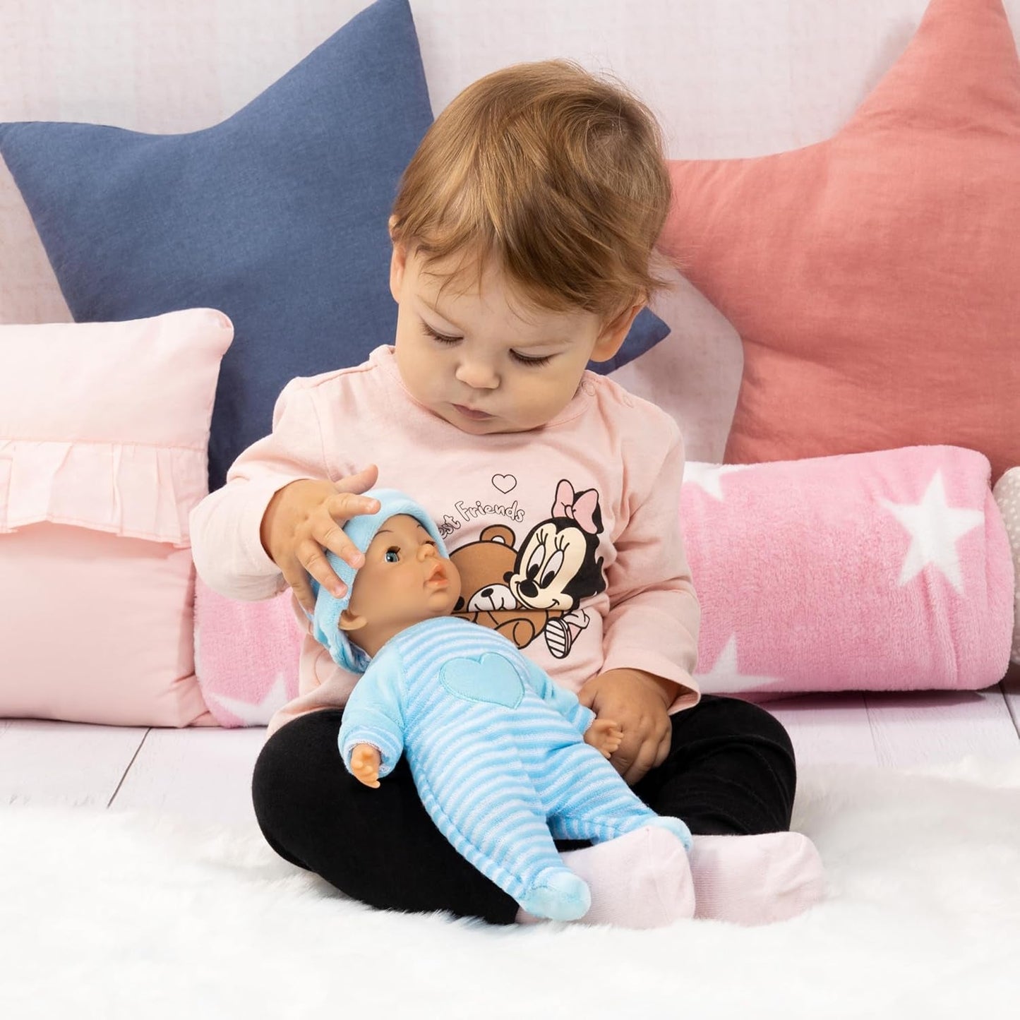 Bayer Design 92802AU My First Baby 28 cm, babydukke, blød kropsdukke med sovende øjne, meget praktisk, sødt outfit, blå med hjerte