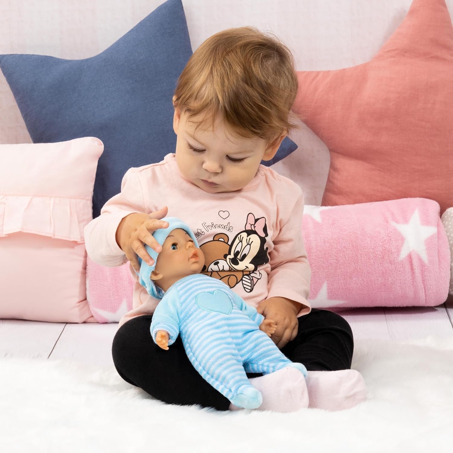 Bayer Design 92802AU My First Baby 28 cm, babydukke, blød kropsdukke med sovende øjne, meget praktisk, sødt outfit, blå med hjerte