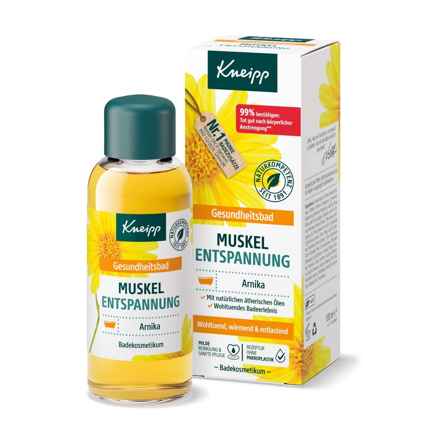 Kneipp Health Bath, Muskelafslapning, Badeolie med arnica-ekstrakt og æteriske olier fra Cabreuva, Rosemary og Pinus arter, revitaliserer og heler efter fysisk anstrengelse, 100 ml Naty Shop Standardtitel