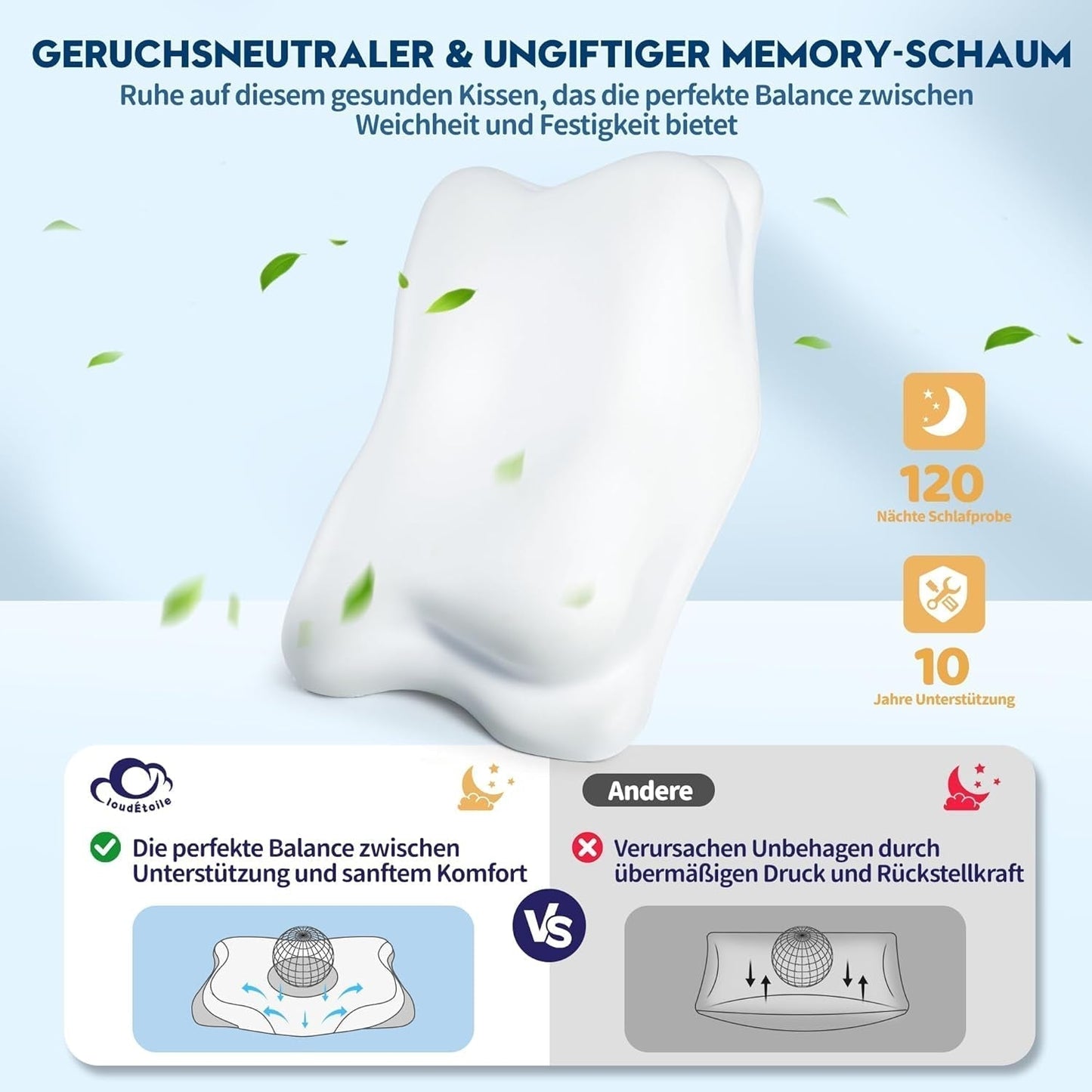 Cloudétoile Nakkepude Memory Foam Pude - 2 i 1 Ergonomisk ortopædisk pude Visco Foam Pude Side Sleeper Nakkestøtte Pude Højdejusterbar Memory Foam Pude Hvid 64X38X12cm Cervikal ortopædiske puder Naty Shop