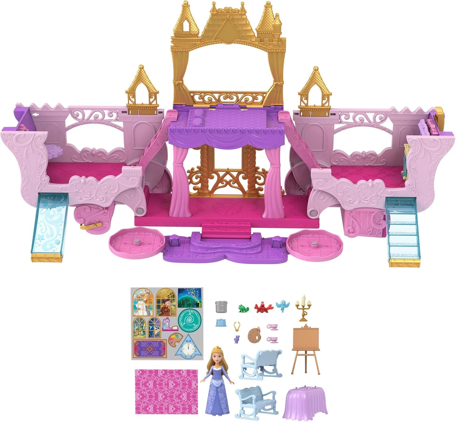 Mattel Disney Princess Transformation Legesæt Vogn til Slot med Aurora Mini Dukke, 3 niveauer, 6 legeområder, 4 figurer, møbler og tilbehør HWX17