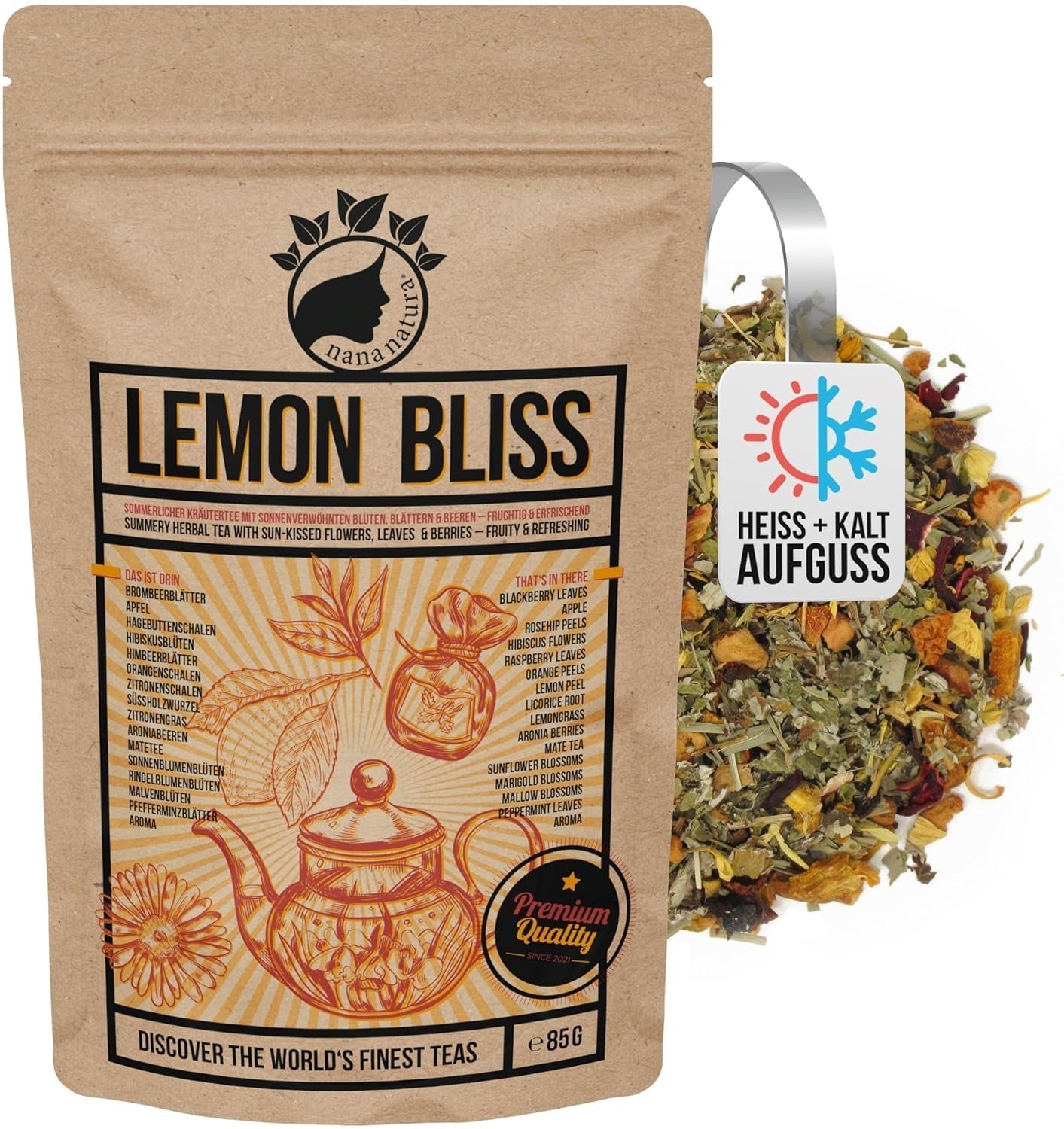 Nananatura'S Original LEMON BLISS TEA 85G | Frugtagtig og forfriskende sommerurtete | Som kold te, iste eller klassisk varm | Med blomster, blade og solmodne bær | Intet sukker