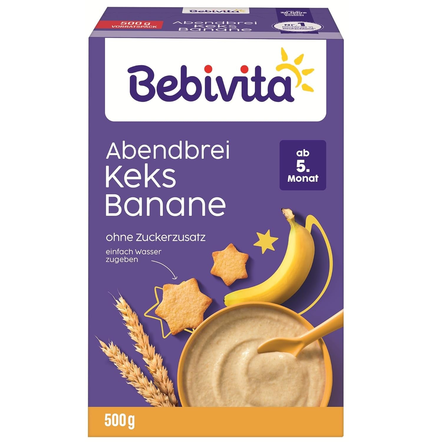 Aftengrød med kiks og bananer (4x500g), mælkegrød fra 5 måneder, uden tilsat sukker, med værdifulde mineraler og vitaminer, meget mættende