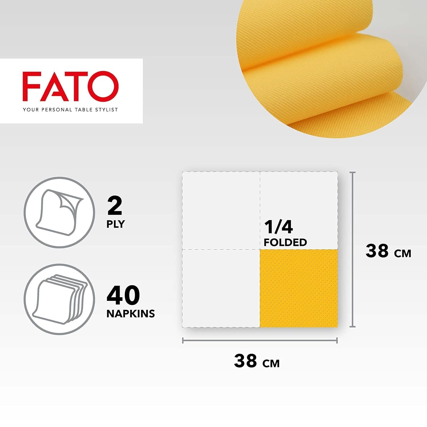 - Blødt og delikat engangspapir, pakke med 40 servietter, størrelse 38X38 foldet i 4, 2 lag, gul farve, 100 % rent cellulosepapir, FSC-certificeret (2 pakke)