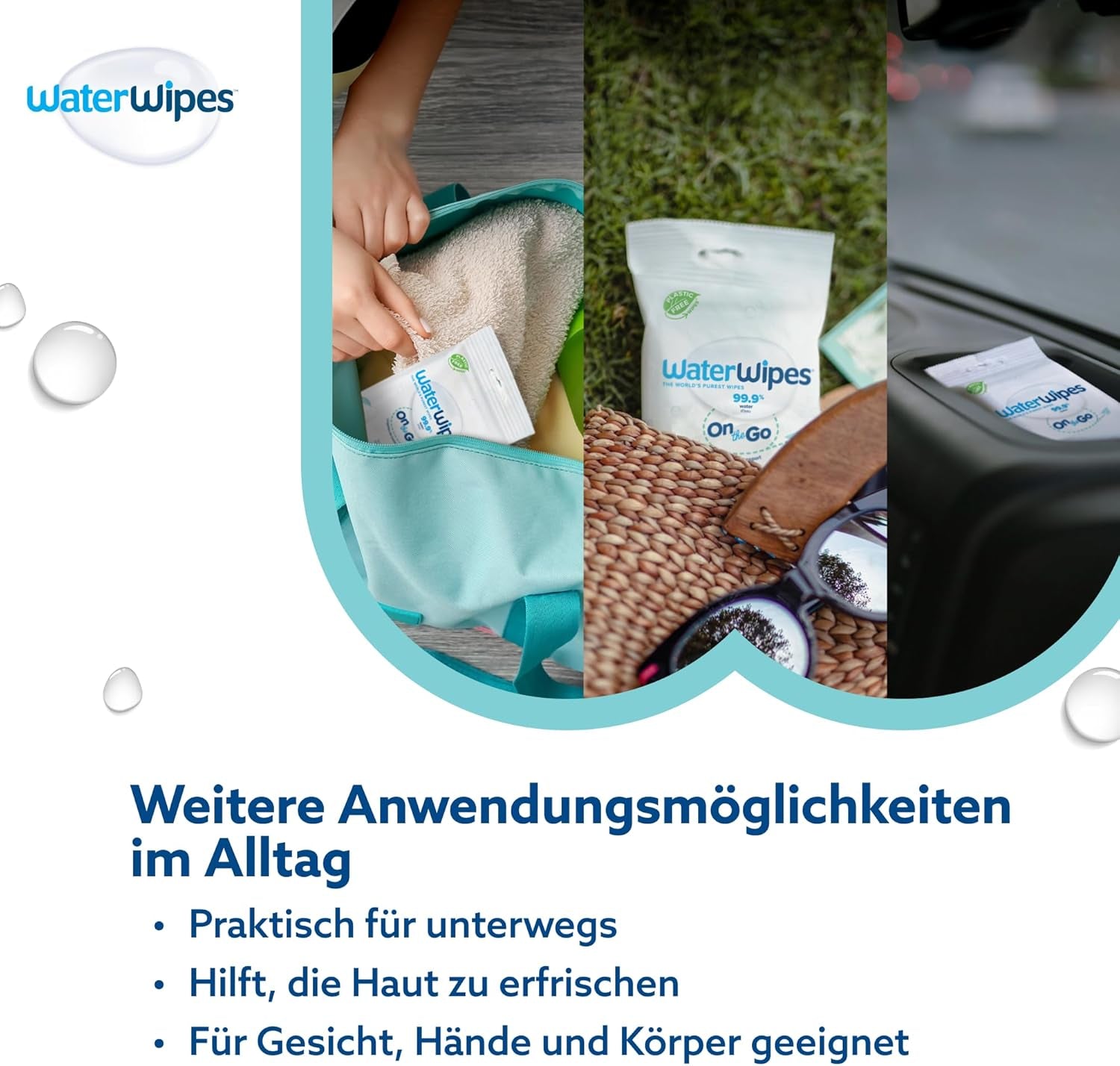 WaterWipes Sensitive+ On The Go Wet Wipes, 100 Wipes (10 Pack), 3 i 1 Renser, Plejer, Beskytter, 99,9% Vand, Duftfri Wipes