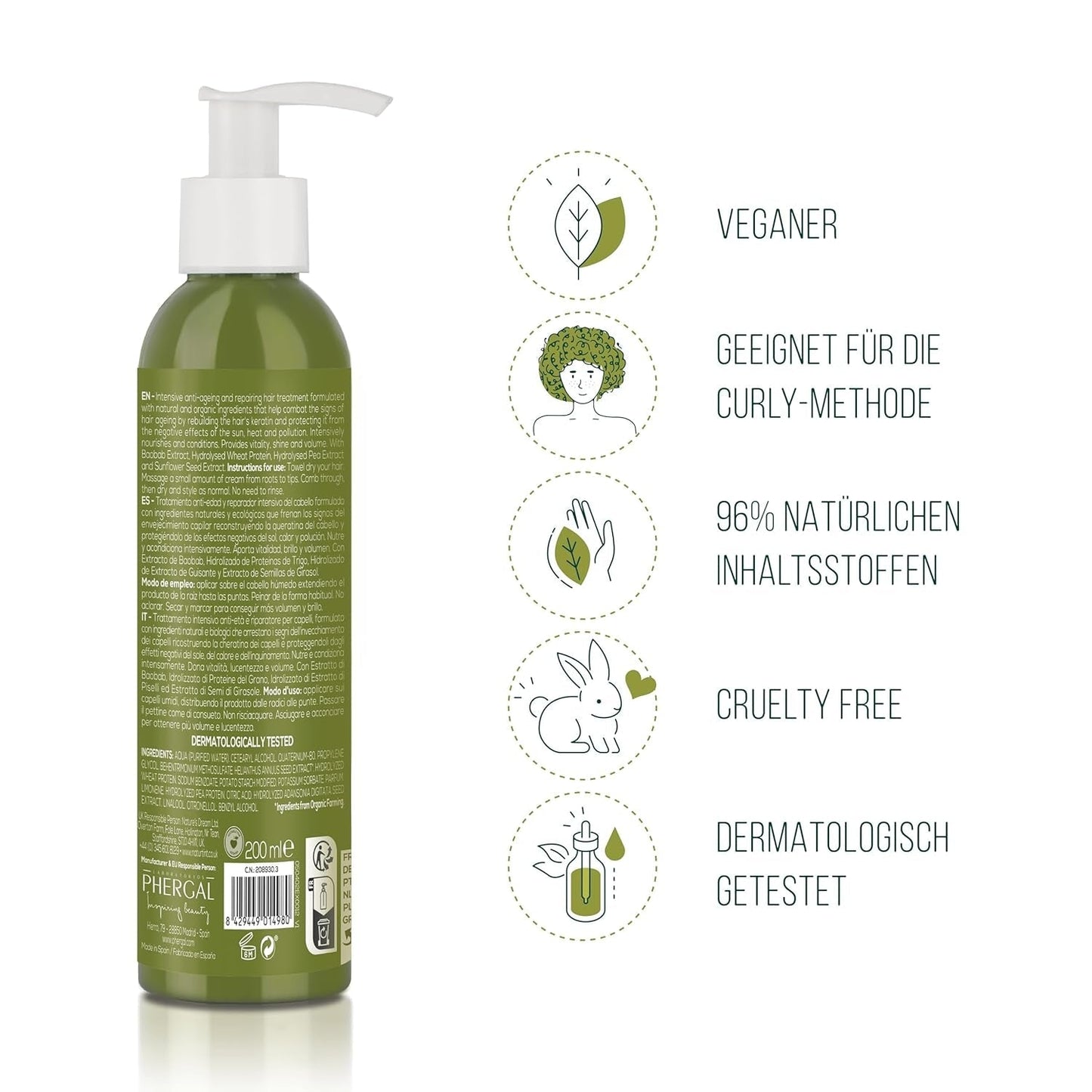Naturlig farvetone CC Cream. Ingen skylle hårmaske. Til tørt og beskadiget hår. Reparerer og fugter. 96% naturlige ingredienser. 200 ml Naty Shop hårmaske