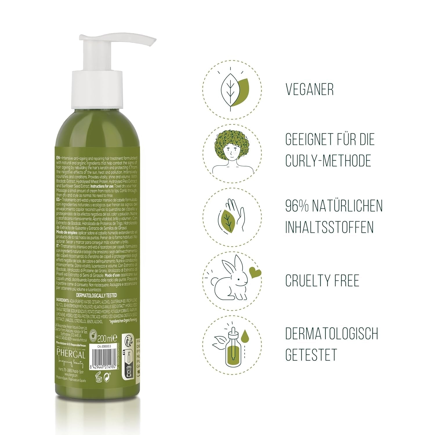 Naturlig farvetone CC Cream. Ingen skylle hårmaske. Til tørt og beskadiget hår. Reparerer og fugter. 96% naturlige ingredienser. 200 ml Naty Shop hårmaske