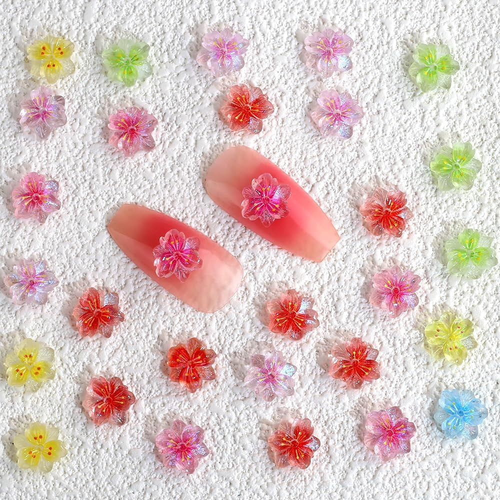 50 stk. 3D Blume Nagel Charms Nägel Tilbehør Nageldesign Glitzersteine ​​Nailart Strasssteine ​​Flower Nail Charms Luminous Flower Nail Art Charms Bunte Blumen Deko Nagel Steinchen Flowers Nail Rhinestones