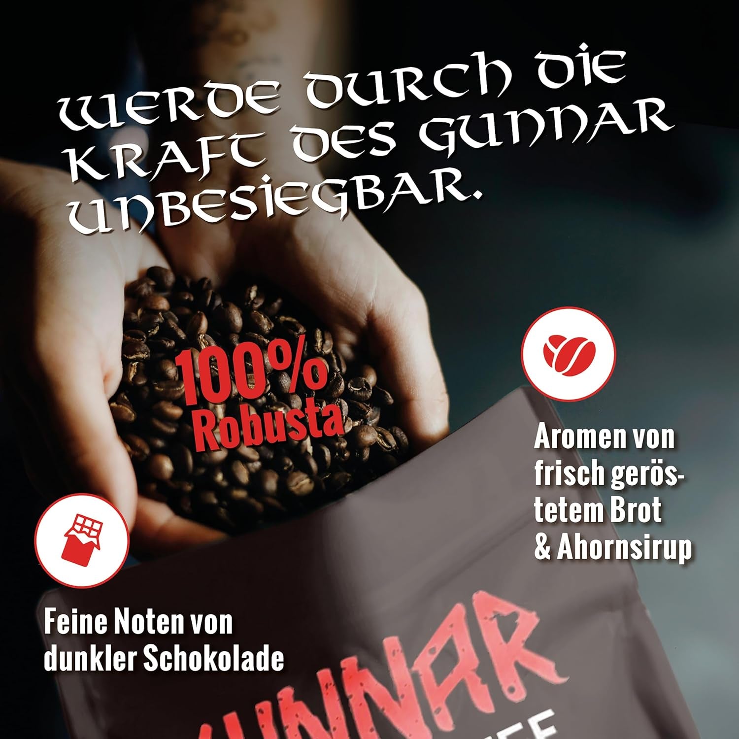 Blank stege - GUNNAR - 1 kg - Hele Kaffee-Bohnen Extra Strong - Kräftige Robusta-Röstung - 494mg Kaffein i Tasse - Würzig & Kraftvoll mit Noten af ​​dunkler Schokolade - Säurearm