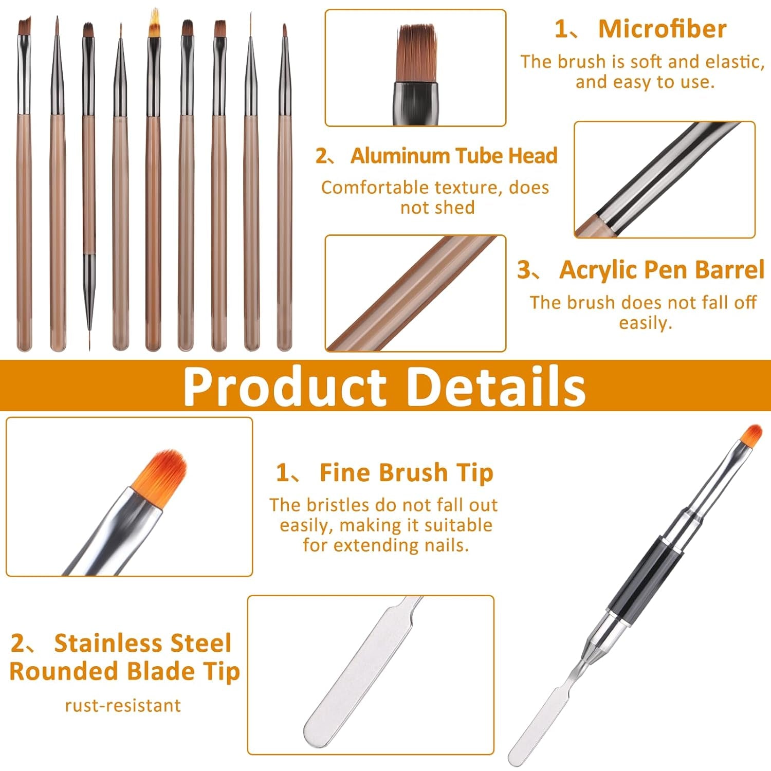 10 Stück Nailart Pinsel Set, Braun Nail Art Børster Nailart Design Pinsel Nageldesign Pinselfür Gelnägelfür Heimwerker Maniküre Salon Zuhause Nailpinsel Sæt