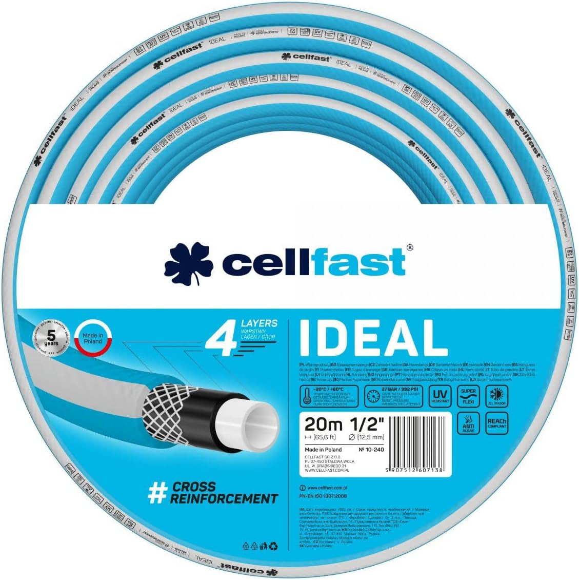 Haveslange Cellfast IDEAL, Holdbar, Fleksibel, 4 lag, Slidstærk krydsfletning, UV- og algebestandig, REACH-teknologi, 27 bar, -20/+60° kortvarig 1/2", 20m