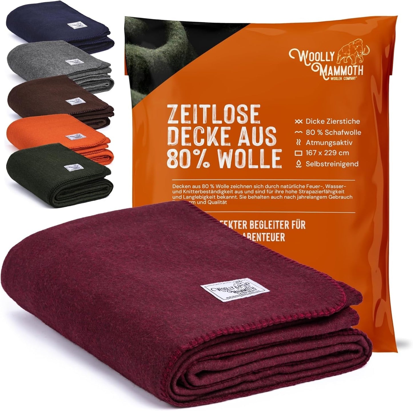 Woolly Mammoth Woolen Co. campingtæppe, ekstra stort, merinould, Det perfekte udendørsudstyr til bushcraft, camping, trekking, vandreture, overlevelse eller hyttetæppe. Brun, 168 X 228 Senge og tæpper Woolly Mammoth Woolen Company Burgund 66" X 90"