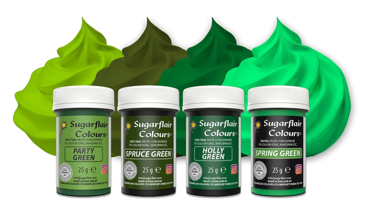 Sugarflair Pasta Madfarve, Grøn, Sæt med 4, Madfarve til Pasta, Fondant, Marcipan, Sukkerpasta, Smørcreme og mere: Ilex Green, Spring Green, Spruce Green, Party Green - Sæt med 4