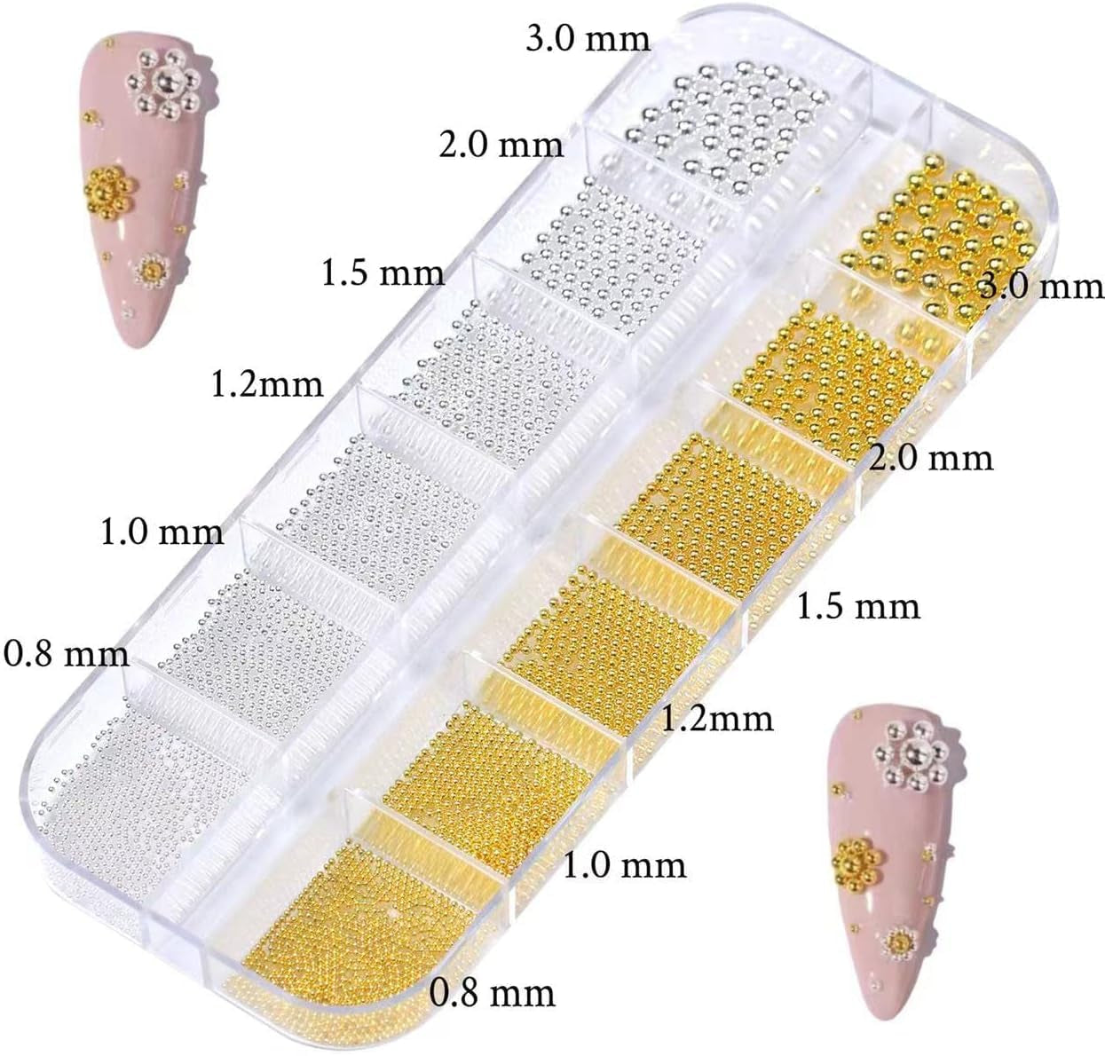 GZMAYUEN Nail Art Perlen Micro Caviar Für Nägel, 0,3-3Mm Goldene Silber Mini Caviar Strasssteine, Weiß Beige Mini Nägel Perlen Mikroperlen Dekor Für Nägel