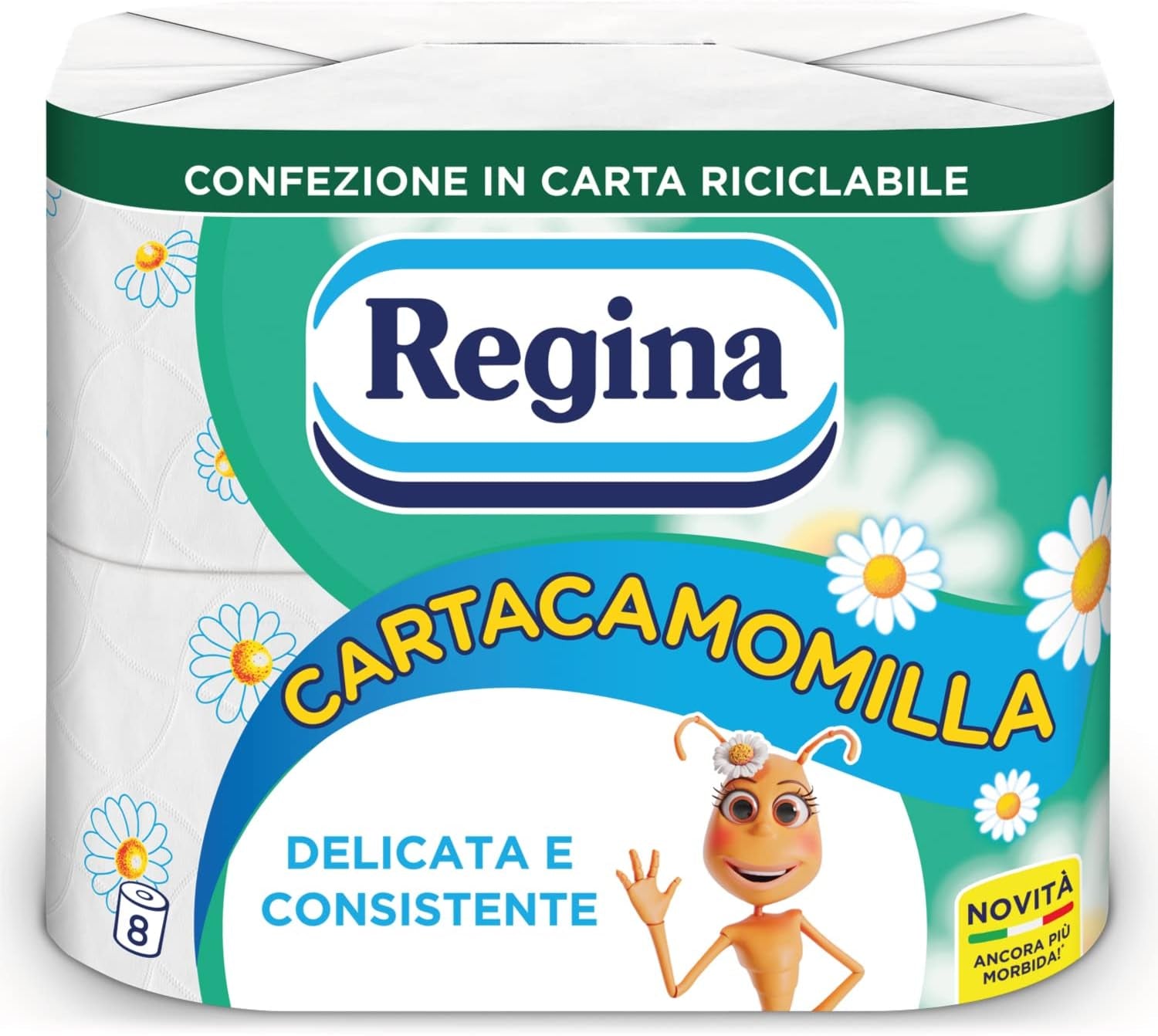 Regina Cartacamomilla - 8 ruller toiletpapir, 300 fluffy ark, 3-lags, blød og fast, genanvendelig papiremballage