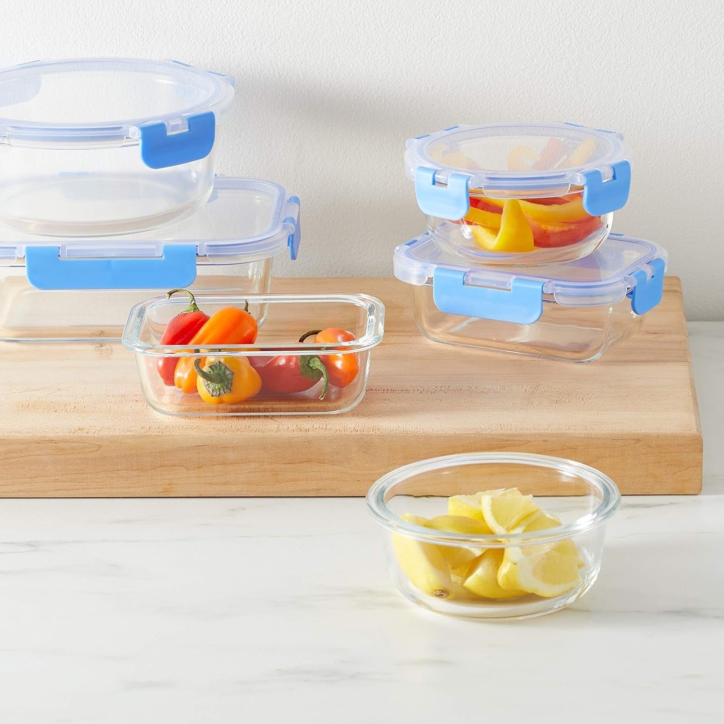 Amazon Basics madbeholdere med lufttætte glaslåg, 14-delt sæt, 7 beholdere og 7 låg, BPA-fri, klar med blå silikonetape Madopbevaringsbokse Naty Shop