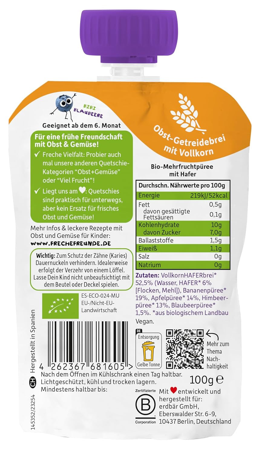 FRECHE FREUNDE Økologisk frugtpose Banan, æble, hindbær, blåbær med havre, frugtpuré med korn i en pose, der kan presses til babyer fra 6 måneder, vegansk, pakke med 6 (6 x 100 g)
