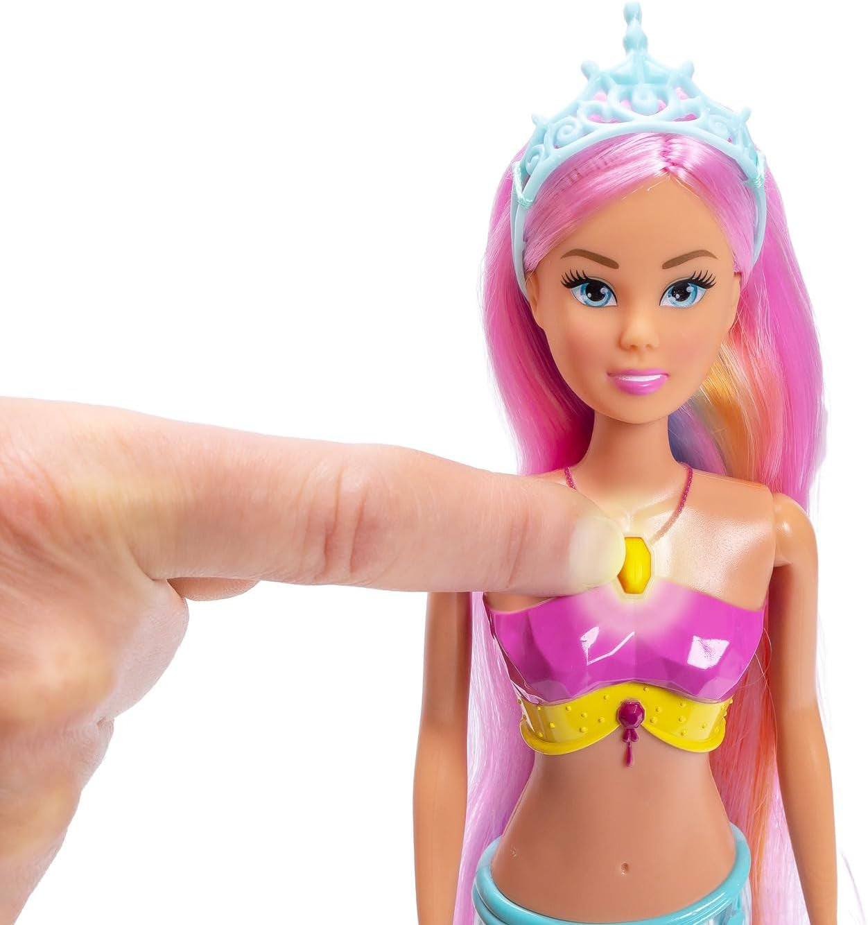 Simba Steffi Love Mermaizing Mermaid Doll med regnbuelysfunktion, ekstra langt hår, delfinfigur og hårspænder, 39 cm højde, prøv-mig-funktion, 3+ år