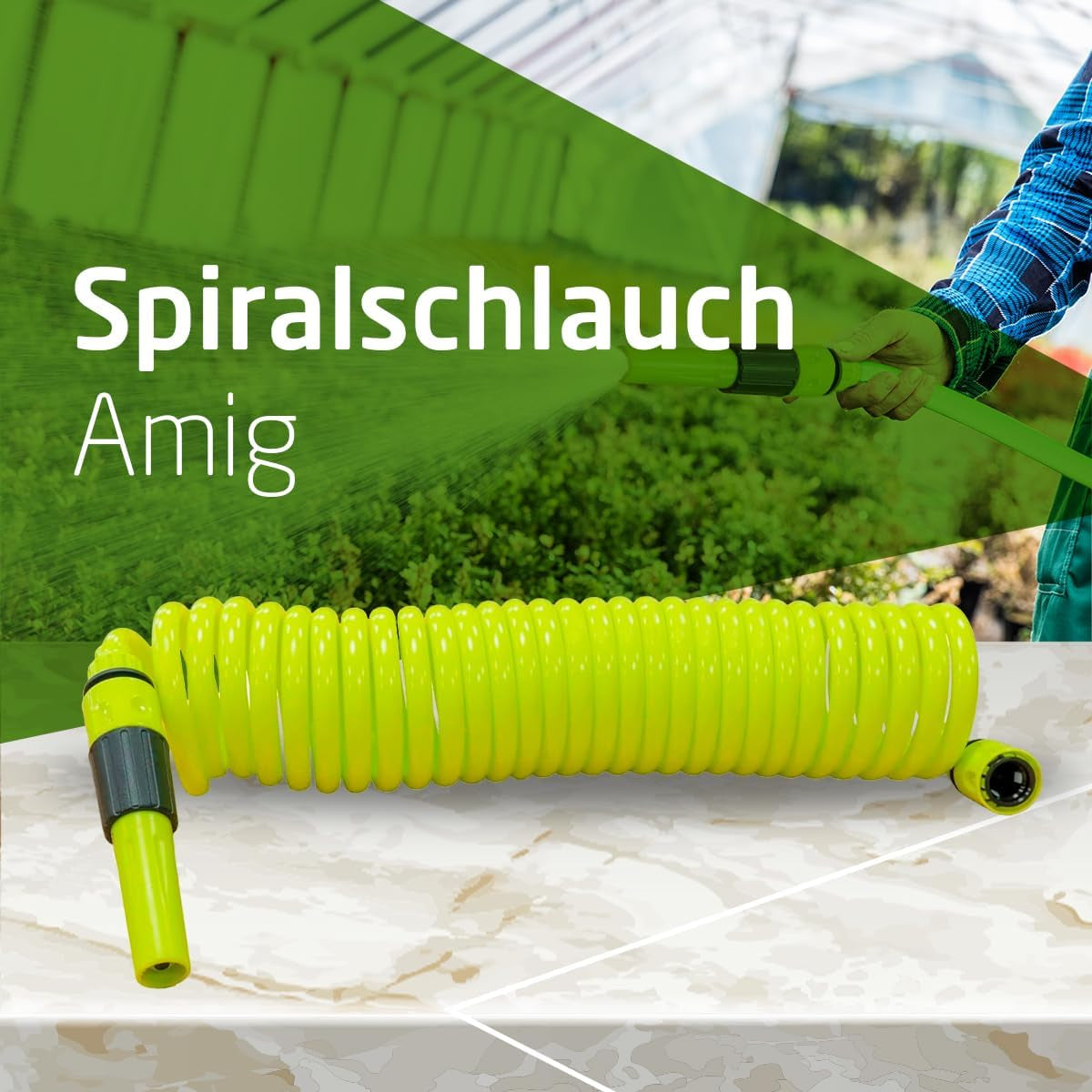 Amig - Spiralslange | Fremstillet af polypropylen | Kan forlænges op til 7,5 m | Inkluderer vandingslanse, adapter og 2 led | Pistacie grøn