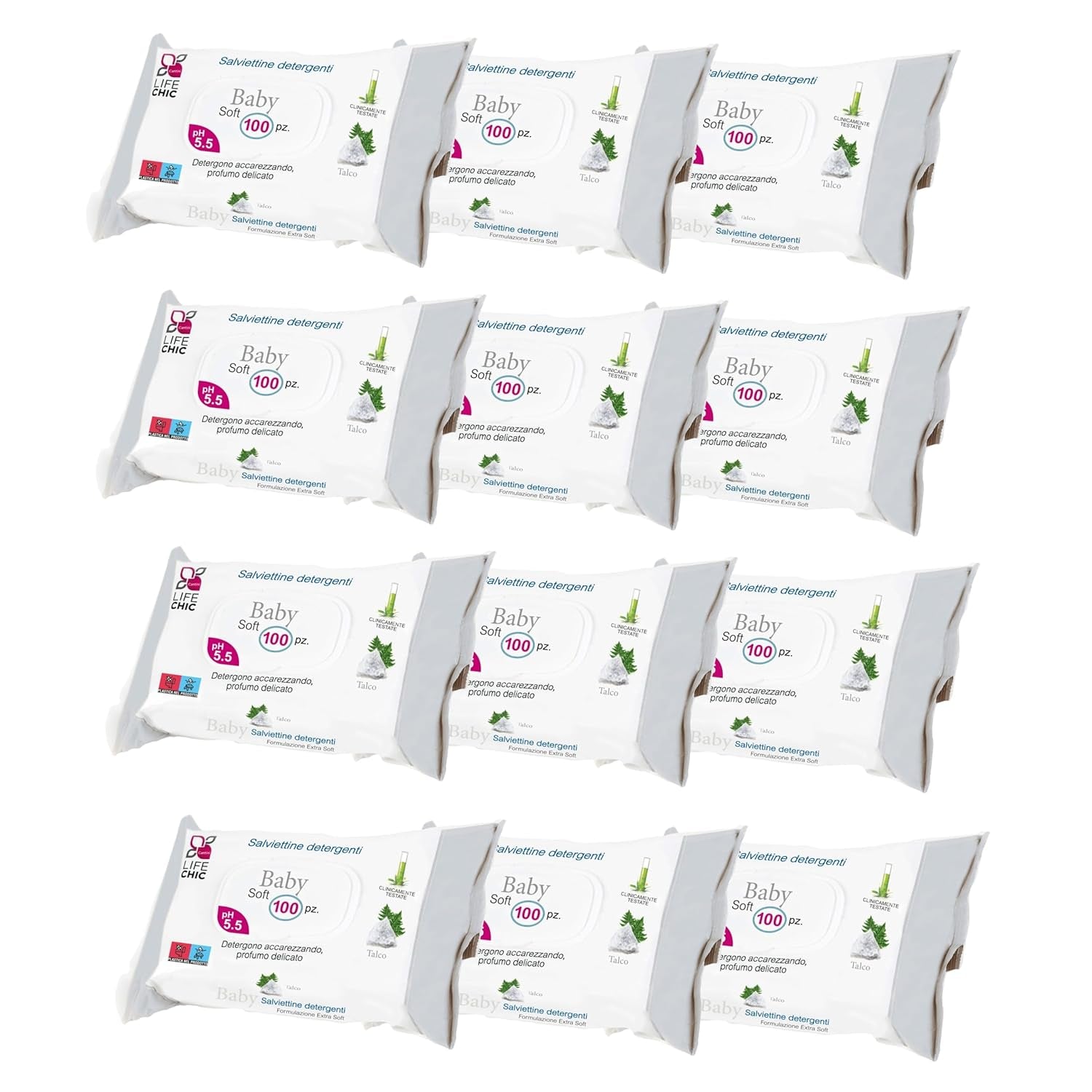 Babyservietter med talkum til følsom hud, alkoholfri, hudvenlig, pH 5,5, let duftende, 1200 Count (12 Pack)