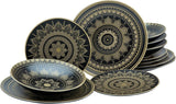 CreaTable, 23588, MANDALA GOLD Series - Sort, 12-delt porcelænssæt, tallerkensæt i porcelæn, Tåler opvaskemaskine og mikroovn, kvalitetsfremstilling