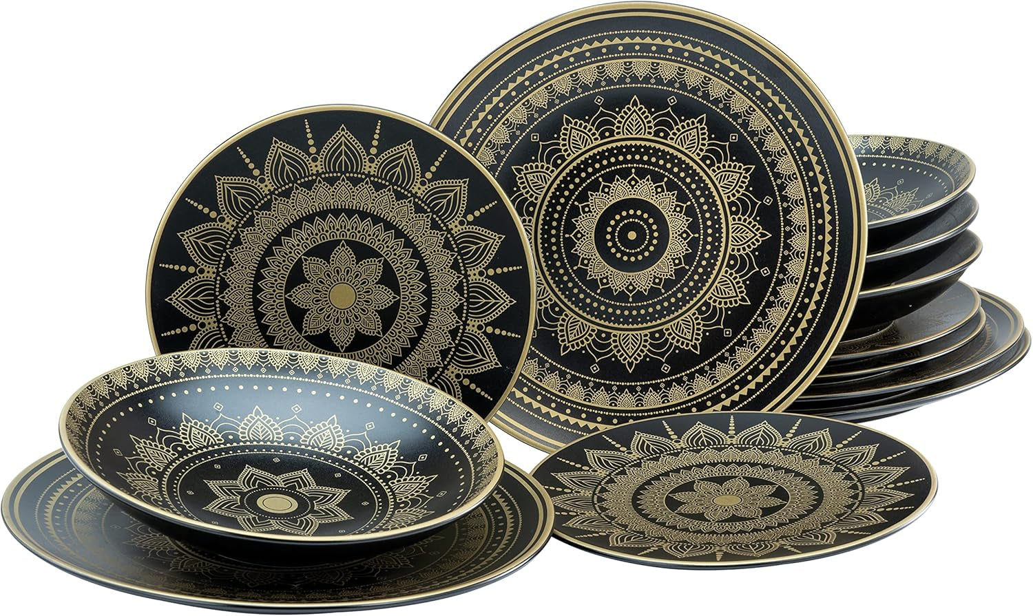 CreaTable, 23588, MANDALA GOLD Series - Sort, 12-delt porcelænssæt, tallerkensæt i porcelæn, Tåler opvaskemaskine og mikroovn, kvalitetsfremstilling