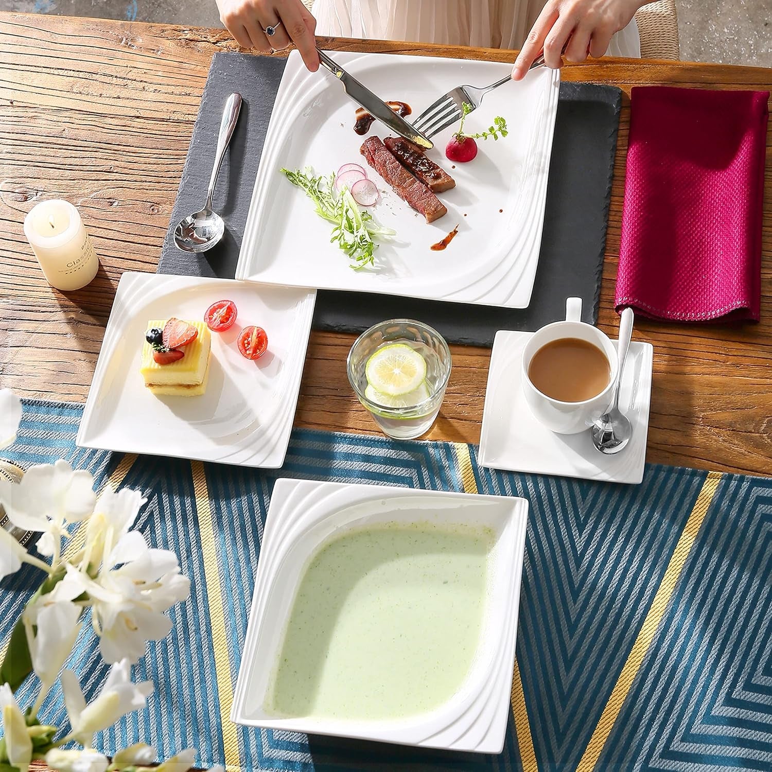 MALACASA, Monica Series, Servicesæt til 12 personer, Hvid-creme porcelæn, Kombineret service med 12 kaffekopper, 12 underkopper, 12 desserttallerkener, 12 middagstallerkener og 12 middagstallerkener