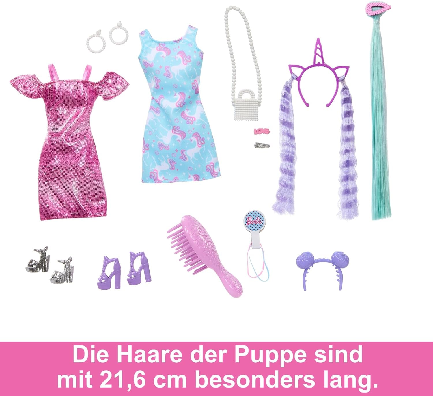 Barbie Doll Sjovt stilfuldt hår med ekstra langt farverigt sort hår og glitrende lyserød kjole 10 Frisure og modetilbehør JDC86