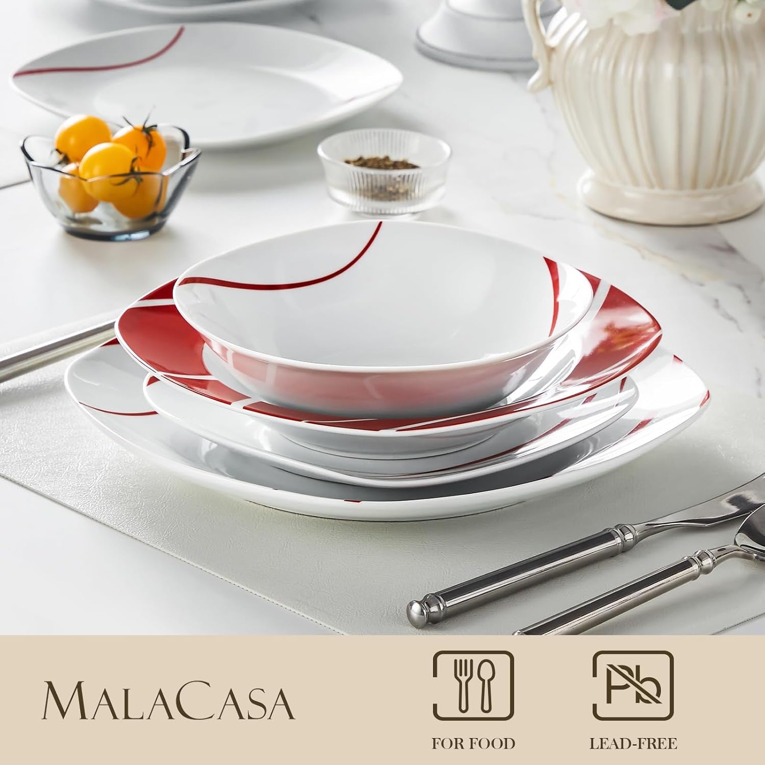 MALACASA Spisestel til 6, Felisa Porcelænsservisesæt 24 dele, Moderne Spisestel med 6 Middagstallerkener, Desserttallerkener, Suma tallerkener og skåle, Perfekt til jul og daglig brug