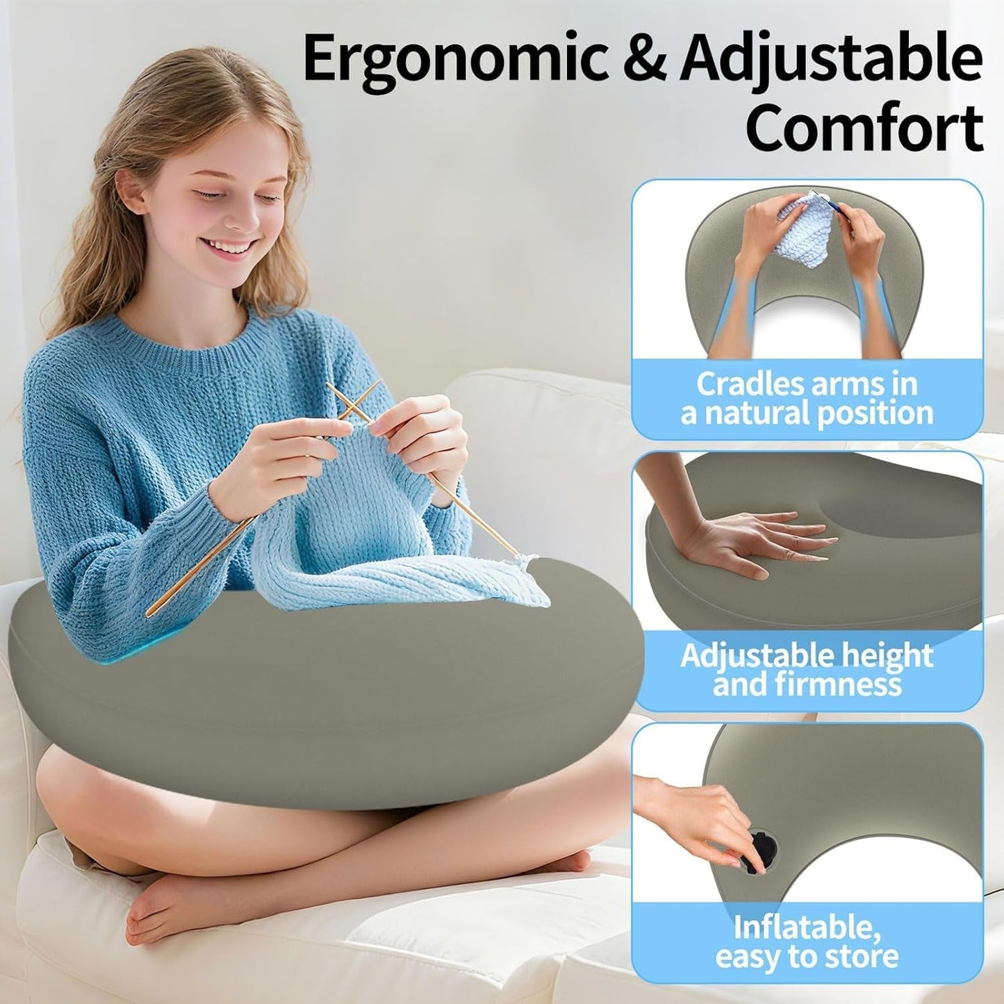 Læsepude og spillepude, bærbar oppustelig læsepude med opbevaringstaske, ergonomisk hæklepude til læsning, leg, hækling og arbejde