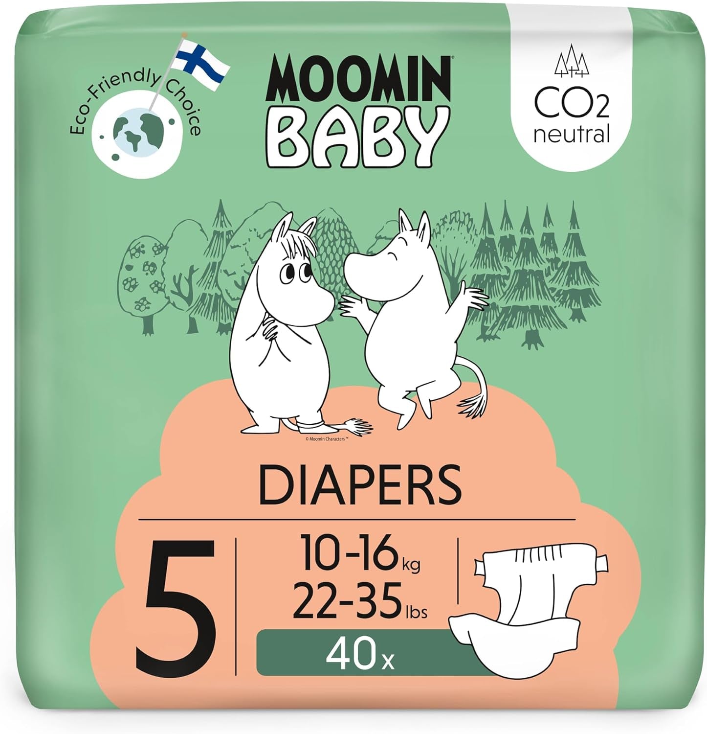 Moomin Baby Eco bleer, str. 3, 5-8 kg, 48 stykker, Premium bløde bleer | Blød og hudvenlig, åndbar, absorberende, ingen unødvendige kemikalier |