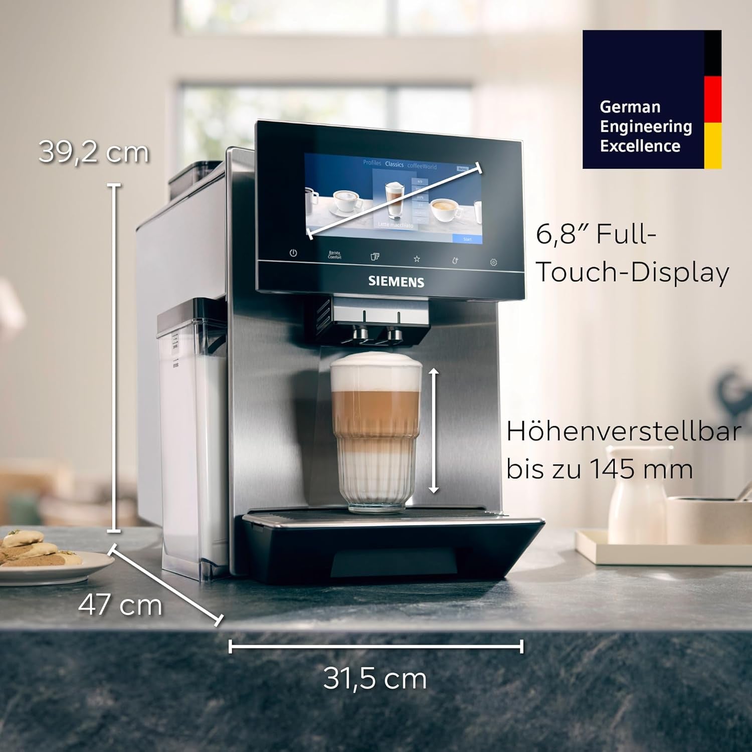 Siemens EQ900 automatisk espressomaskine, stor TFT-farveskærm, 2 bønnebeholdere, 36 varme og kolde drikke, kold kaffe, super støjsvag, to kopsfunktion, appkontrol, rustfrit stål, TQ907D03