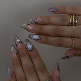 Moonglow korte magnetiske falske negle, pink mandelrød gradient glitter katteøje med lim, pink rød ombre glitter fototerapi kunstige negle til kvinder og piger